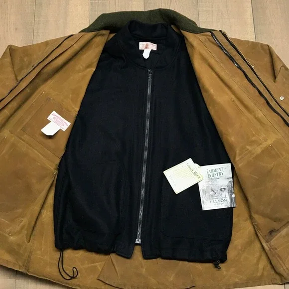 CC Filson Tin Cloth Packer Coat Jacket Mens L Brown Oil Finish Wool Liner USA - Picture 2 of 16